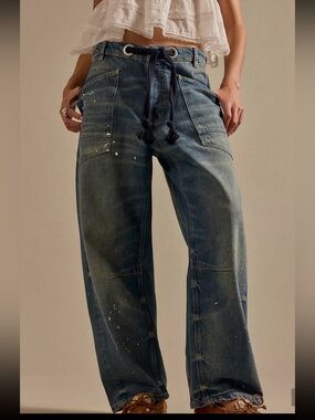Free People Light Blue Paint-Splatter Carpenter Jeans